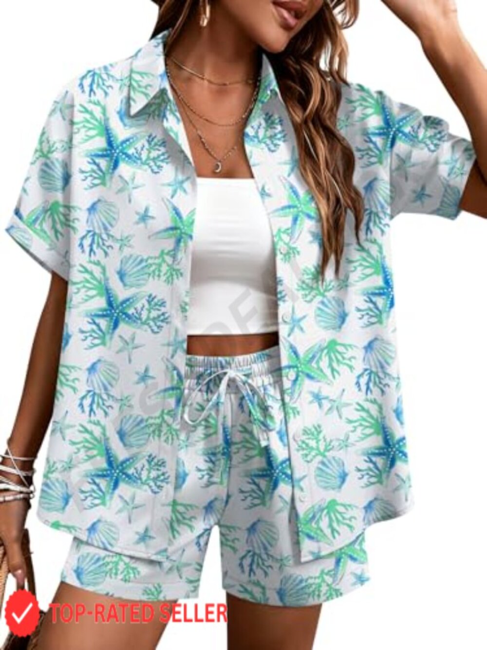Women's 2 Piece Hawaiian Vacation Outfit Tropical Print Chiffon Short Sets